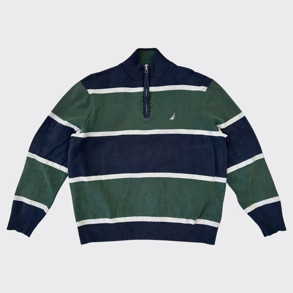 Nautica Men’s Quarter Zip Sweater Striped Green Navy White Heavyweight Cotton M
